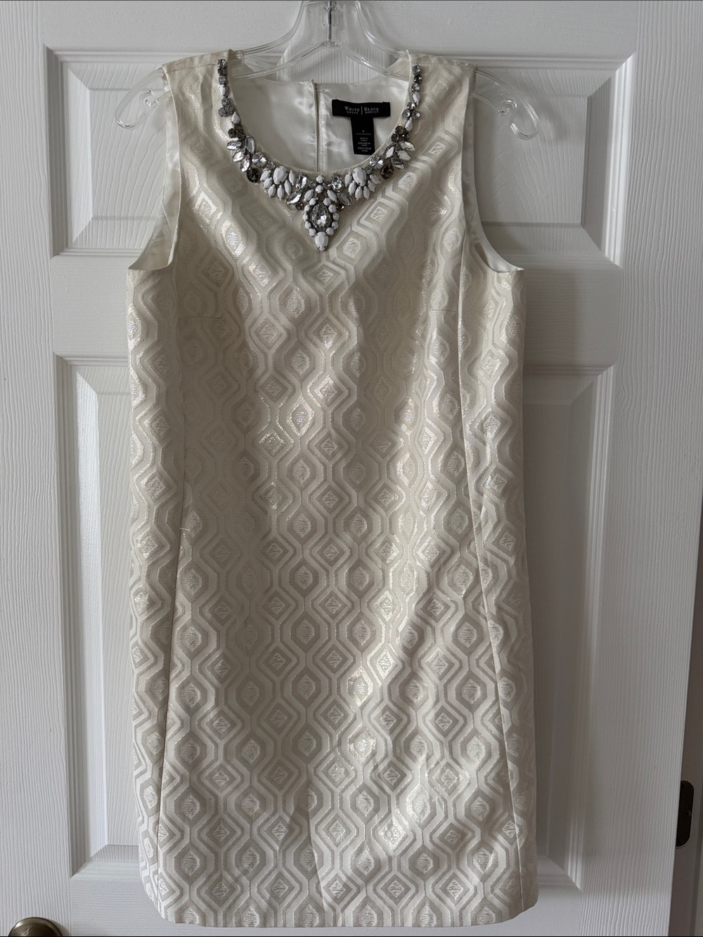 White House Black Market Cream Sleeveless Jeweled Shift Dress